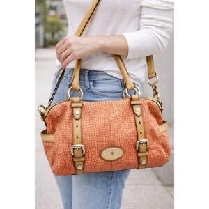 Fossil Leather Snake Croc Embossed Satchel Purse Shoulder Handbag Tote Bag